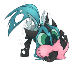 Size: 1045x937 | Tagged: safe, artist:kelcasual, queen chrysalis, changeling, changeling queen, g4, chibi, crown, cute, cutealis, female, heart, jewelry, nom, regalia, simple background, solo, white background