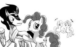 Size: 800x500 | Tagged: safe, artist:haku, king sombra, pinkie pie, g4, female, ice cream, male, monochrome, shipping, sombrapie, straight