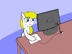 Size: 640x480 | Tagged: safe, artist:anonymous, oc, oc only, oc:aryanne, blonde, computer, computer mouse, desk, female, frown, monitor, sitting, solo, table, technology