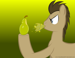 Size: 1280x984 | Tagged: safe, artist:kapfkeks007, doctor whooves, time turner, earth pony, pony, g4, doctor whooves is not amused, gradient background, green background, male, pear, simple background, solo, spit take, spitting, that pony sure does hate pears