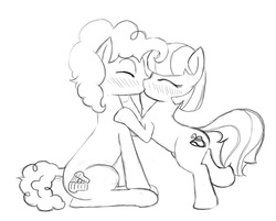 Size: 1500x1205 | Tagged: safe, artist:miniferu, cheese sandwich, coco pommel, earth pony, pony, g4, cheesecoco, cute, daaaaaaaaaaaw, female, kissing, male, monochrome, shipping, straight