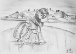 Size: 1784x1272 | Tagged: safe, artist:heromewtwo, twilight sparkle, alicorn, pony, g4, female, ice, ice skating, mare, monochrome, skating, solo, traditional art, twilight sparkle (alicorn)