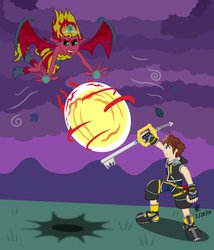 Size: 1024x1195 | Tagged: safe, artist:jazzytyfighter, sunset shimmer, equestria girls, g4, crossover, dead man's volley, disney, fight, kingdom hearts, sora, sunset satan