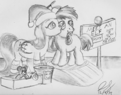 Size: 1600x1257 | Tagged: safe, artist:heromewtwo, button mash, fluttershy, g4, cheek kiss, christmas, clothes, colt, female, foal, hat, holiday, kissing, male, mare, monochrome, propeller hat, santa hat, shipping, sketch, socks, solo, straight, striped socks, traditional art