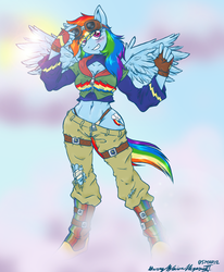 Size: 1232x1498 | Tagged: dead source, safe, artist:kitonkurai, rainbow dash, anthro, g4, bandage, belly button, boots, clothes, female, fingerless gloves, gloves, hoodie, midriff, panties, pants, solo, spread wings, thong, torn clothes, underwear