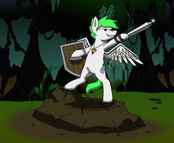 Size: 2228x1837 | Tagged: safe, artist:madkrayzydave, oc, oc only, oc:lust mint, everfree forest, shield, solo, sword