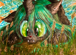 Size: 1000x723 | Tagged: safe, artist:arnne, queen chrysalis, changeling, changeling queen, ladybug, g4, female, grass, insect on nose, prone, solo, traditional art