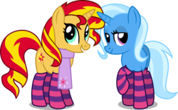 Size: 3000x1845 | Tagged: safe, artist:katequantum, sunset shimmer, trixie, twilight sparkle, pony, unicorn, g4, clothes, duo, female, lesbian, scarf, ship:twixie, shipping, simple background, socks, sockset shimmer, striped socks, transparent background, vector