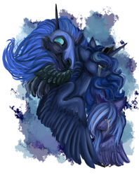 Size: 483x611 | Tagged: safe, artist:tea-charlie, nightmare moon, princess luna, alicorn, pony, g4, crying, duality, female, filly, lunar trinity, mare, woona