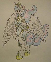 Size: 2232x2687 | Tagged: safe, artist:cyanjames2819, princess celestia, anthro, unguligrade anthro, g4, breasts, busty princess celestia, clothes, dress, female, high res, solo, spread wings, traditional art