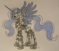 Size: 2635x2275 | Tagged: safe, artist:cyanjames2819, princess luna, g4, armor, female, high res, solo, spread wings, traditional art