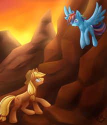 Size: 3000x3500 | Tagged: safe, artist:nothingspecialx9, applejack, rainbow dash, earth pony, pegasus, pony, g4, duo, flying, high res, looking up, newbie artist training grounds