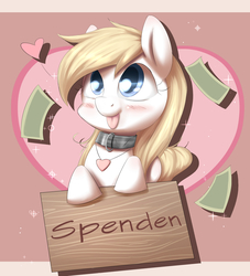 Size: 1698x1873 | Tagged: safe, artist:aryanne, oc, oc only, oc:aryanne, earth pony, pony, aryanbetes, blushing, charity, collar, cute, donation, female, german, heart, mare, money, necklace, pet, sign, solo, tongue out, wood