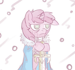 Size: 480x450 | Tagged: safe, artist:haute-claire, ruby pinch, pony, unicorn, g4, brace yourselves, cape, clothes, eddard stark, female, filly, foal, game of thrones, solo, sword, weapon, winter is coming