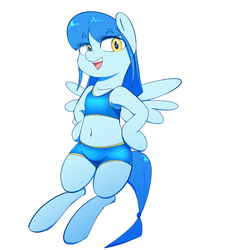 Size: 1000x1000 | Tagged: safe, artist:khorme, oc, oc only, oc:gosa raps, pegasus, pony, belly button, bra on pony, clothes, compression shorts, flying, midriff, open mouth, shorts, solo, sports bra