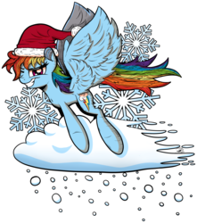 Size: 3845x4343 | Tagged: safe, artist:gray--day, rainbow dash, g4, female, flying, grin, hat, santa hat, smiling, snow, snowfall, solo, spread wings