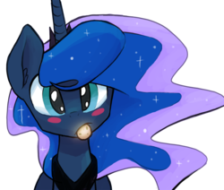 Size: 1400x1186 | Tagged: safe, artist:darkflame75, princess luna, lunadoodle, g4, blushing, cookie, female, looking at you, mouth hold, solo