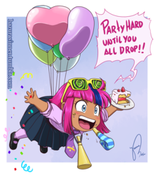 Size: 708x800 | Tagged: safe, artist:hazurasinner, oc, oc only, oc:starchaser, human, balloon, cake, clothes, flying, glasses, humanized, magical lesbian spawn, mary janes, necktie, offspring, parent:pinkie pie, parent:twilight sparkle, parents:twinkie, school uniform, schoolgirl, shirt, skirt, socks, solo