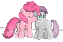Size: 1522x1031 | Tagged: safe, artist:heromewtwo, maud pie, pinkie pie, g4, blank flank, cheek kiss, colored, female, filly, friendshipping, kissing, love, platonic kiss, sibling love, siblings, sisterly love, sisters