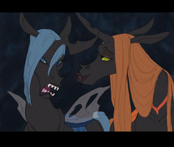 Size: 944x800 | Tagged: safe, artist:carnifex, oc, oc only, oc:ambrosia, oc:myxine, changeling, changeling queen, g4, blue changeling, changeling oc, changeling queen oc, don bluth, don bluth style, duo, female, hoers, letterboxing, orange changeling, style emulation
