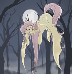 Size: 2736x2800 | Tagged: safe, artist:theglassaddiction, fluttershy, bat pony, pony, g4, angry, bat ponified, female, flutterbat, flying, gritted teeth, high res, moon, race swap, solo, tree