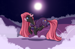 Size: 5144x3357 | Tagged: safe, artist:theglassaddiction, pinkie pie, g4, absurd resolution, clothes, female, moon, pinkamena diane pie, pronking, shadowbolts, shadowbolts costume, solo