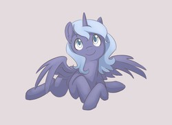 Size: 1888x1364 | Tagged: safe, artist:theglassaddiction, princess luna, g4, cute, female, filly, looking at you, lunabetes, prone, s1 luna, smiling, solo, spread wings, woona