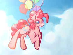 Size: 2400x1800 | Tagged: safe, artist:novabytes, pinkie pie, g4, balloon, cute, flying, sky, smiling, then watch her balloons lift her up to the sky