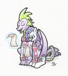 Size: 1504x1668 | Tagged: safe, artist:sensko, rarity, spike, dragon, pony, unicorn, g4, caroling, clothes, eyes closed, female, glasses, male, mare, older, older spike, pencil drawing, ship:sparity, shipping, simple background, straight, sweater, traditional art, white background, winged spike, wings