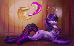 Size: 1000x620 | Tagged: safe, artist:sparrowbee, twilight sparkle, g4, clothes, female, magic, prone, quill, scroll, socks, solo, writing