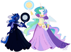 Size: 915x675 | Tagged: safe, artist:thomisus, princess celestia, princess luna, anthro, g4, clothes, dress, moon, simple background, sun, tangible heavenly object