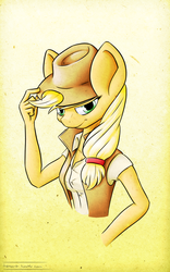 Size: 1800x2880 | Tagged: safe, artist:tenart, applejack, earth pony, anthro, g4, bust, clothes, female, shirt, solo, vest