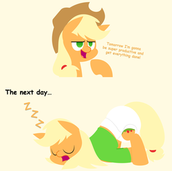 Size: 1200x1188 | Tagged: safe, artist:lphooves, artist:zacatron94, applejack, earth pony, pony, g4, clothes, comic, diaper, diaper edit, female, loose hair, non-baby in diaper, pajamas, poofy diaper, procrastination, sleeping, solo, who's a silly pony