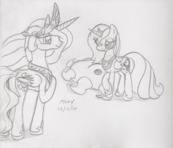 Size: 1259x1082 | Tagged: safe, artist:slash-sun-slash, princess celestia, princess luna, g4, celestiadoodle, female, monochrome, plushie, raised hoof, traditional art, wavy mouth