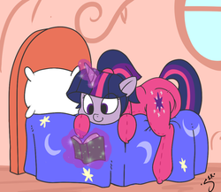 Size: 1200x1040 | Tagged: safe, artist:lphooves, artist:silver1kunai, edit, twilight sparkle, g4, bed, book, clothes, cute, day, diaper, diaper edit, female, footed sleeper, levitation, non-baby in diaper, pajamas, ponytail, poofy diaper, reading, solo, twiabetes