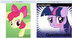 Size: 511x276 | Tagged: safe, apple bloom, derpibooru, g4, exploitable meme, juxtaposition, juxtaposition win, meme, meta, out of context