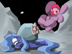 Size: 4000x3000 | Tagged: safe, artist:wadusher0, pinkie pie, princess luna, g4, astronaut, astronaut pinkie, eyes closed, floppy ears, frown, gritted teeth, moon, open mouth, pain, prone, s1 luna, smiling, spaceship, spacesuit, stuck, wide eyes