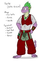 Size: 1280x1600 | Tagged: safe, artist:fuzebox, spike, dragon, anthro, plantigrade anthro, g4, book, clothes, explicit source, mage, magic, male, older, older spike, pants, pendant, rpg, shirt, solo, teenage spike, teenaged dragon, teenager