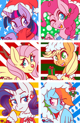 Size: 2845x4365 | Tagged: safe, artist:ladypixelheart, applejack, fluttershy, pinkie pie, rainbow dash, rarity, twilight sparkle, alicorn, earth pony, pegasus, pony, unicorn, g4, antlers, blushing, bow, christmas, christmas ornament, clothes, female, freckles, hat, holly, icon, looking at you, mane six, mare, mistletoe, one eye closed, present, red nose, reindeer antlers, santa hat, scarf, twilight sparkle (alicorn), wink