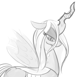 Size: 750x750 | Tagged: source needed, safe, artist:reiduran, queen chrysalis, g4, female, looking at you, monochrome, solo