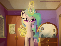 Size: 800x600 | Tagged: safe, artist:az-pekt, princess celestia, pony, g4, banana, food, looking at you, magic, mirror, telekinesis