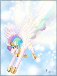 Size: 1500x2000 | Tagged: safe, artist:darkstalkerlati, artist:poisonyew, princess celestia, alicorn, pony, g4, artifact, crown, ethereal mane, female, flying, hoof shoes, jewelry, regalia, solo, sonic rainboom, speed trail, spread wings, trail