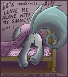 Size: 848x965 | Tagged: dead source, safe, artist:az-pekt, oc, oc only, oc:grey mouse, bat pony, pony, ask grey mouse, anus, bed, butt, covering, covering face, cowering, dialogue, dock, embarrassed, female, hiding, mare, nudity, plot, pubic fluff, raised tail, simplistic anus, sobbing, solo, tail, text, underhoof, wat