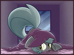 Size: 1280x960 | Tagged: dead source, safe, artist:az-pekt, oc, oc only, oc:grey mouse, bat pony, pony, ass up, bat pony oc, bed, blanket, cute, face down ass up, female, hiding, looking at you, mare, pillow, solo, underhoof