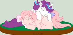 Size: 737x354 | Tagged: safe, artist:gundamcat, cotton candy (g1), glory, earth pony, pony, unicorn, g1, 2011, bow, butt pillow, butt touch, cute, duo, hoof on butt, kindness, sleeping