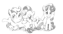 Size: 1272x681 | Tagged: safe, artist:paucity-luxuriance, apple bloom, babs seed, scootaloo, sweetie belle, g4, cutie mark crusaders, earring, monochrome, piercing