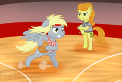 Size: 1024x689 | Tagged: safe, artist:phallen1, carrot top, derpy hooves, golden harvest, pony, g4, basketball, bipedal, carrot top is not amused, clothes, description in comments, headband, newbie artist training grounds, pun, referee, unamused, whistle