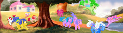 Size: 4683x1280 | Tagged: safe, artist:z1ar0, bright night, bubbles (g1), buttons (g1), cherries jubilee, cool breeze, galaxy (g1), night glider (g1), princess sparkle, skyflier, sweet lily, g1, my little pony 'n friends, bow, coat markings, facial markings, opening theme, paradise estate, scene interpretation, scenery, star (coat marking), tail bow, watermark, windy wing ponies