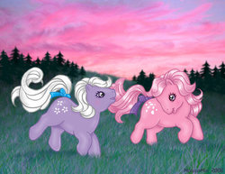 Size: 600x463 | Tagged: safe, artist:moogleymog, baby blossom, baby cotton candy, pony, g1, duo, forest, tail bow