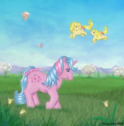 Size: 600x610 | Tagged: safe, artist:moogleymog, baby lofty, buttons (g1), lofty, earth pony, pegasus, pony, g1, beautiful, flower, hot air balloon, mother and daughter, mountain, mountain range, outdoors, peaceful, scenery